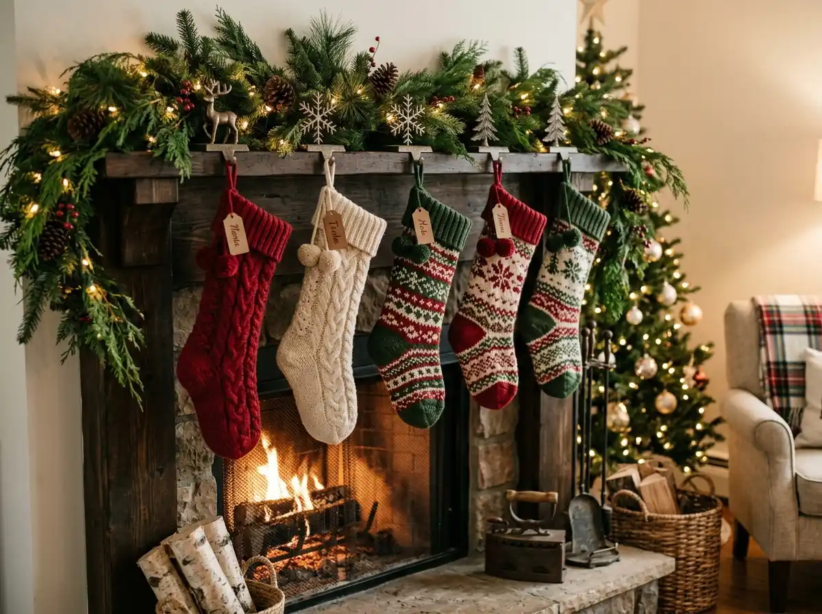 Christmas stockings hanging from a mantel