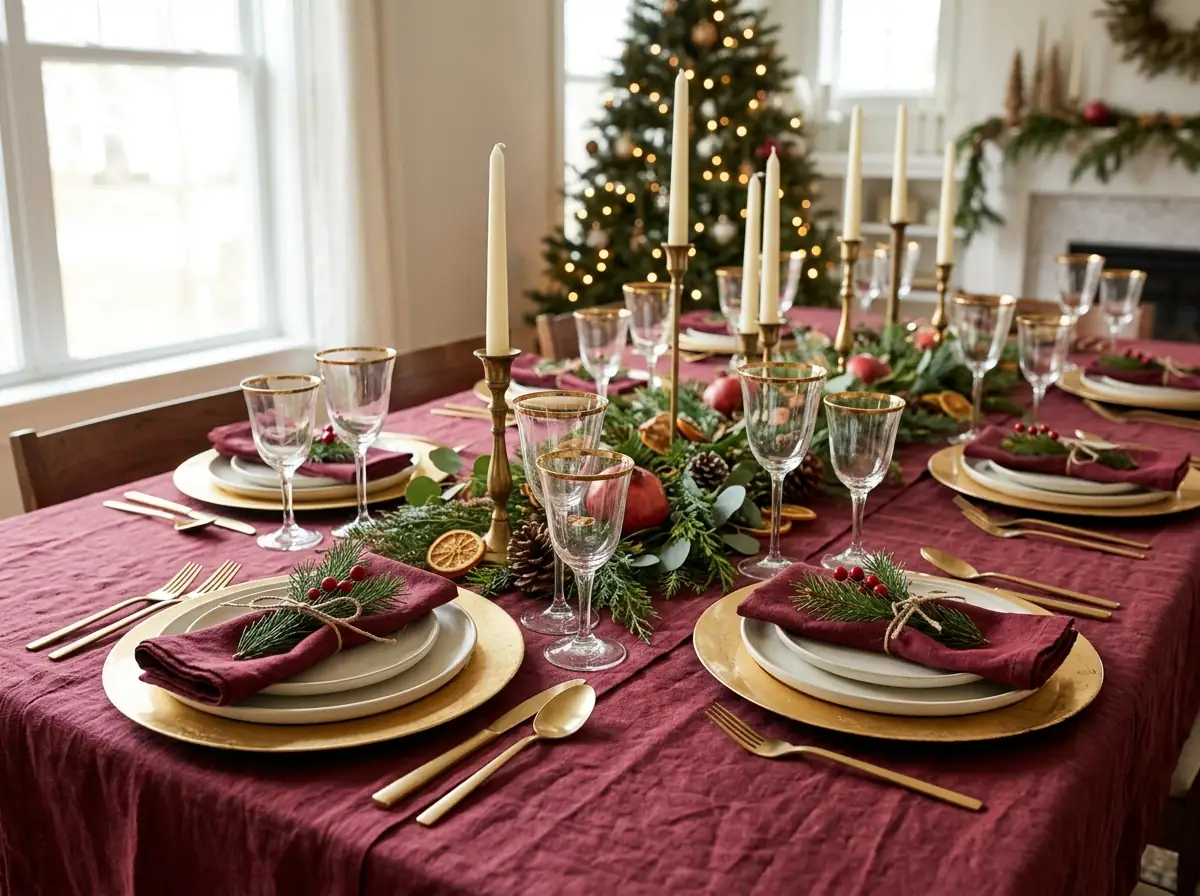 Burgundy and gold Christmas dining table with chargers