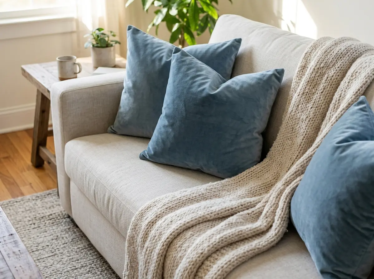 Dusty blue cushions and knit throw on a sofa