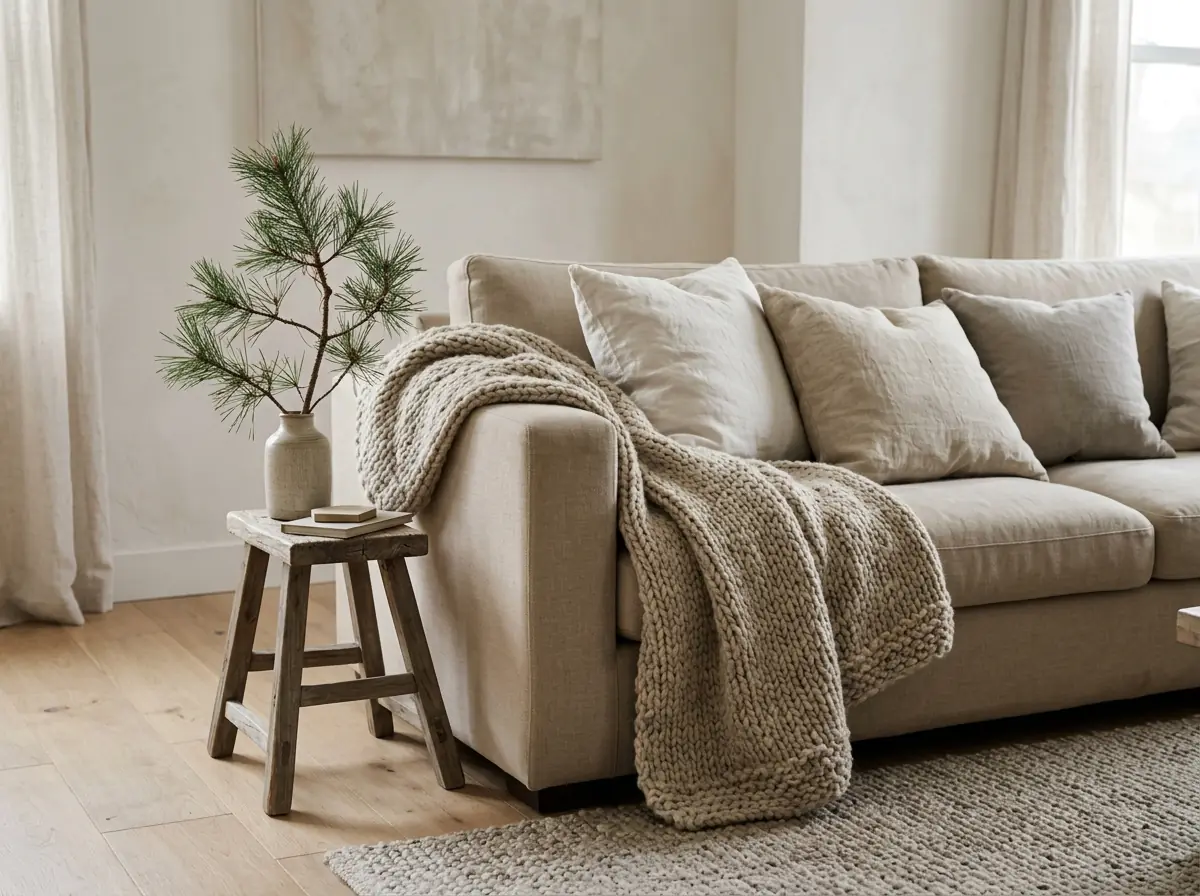 Chunky knit oatmeal throw on a sofa