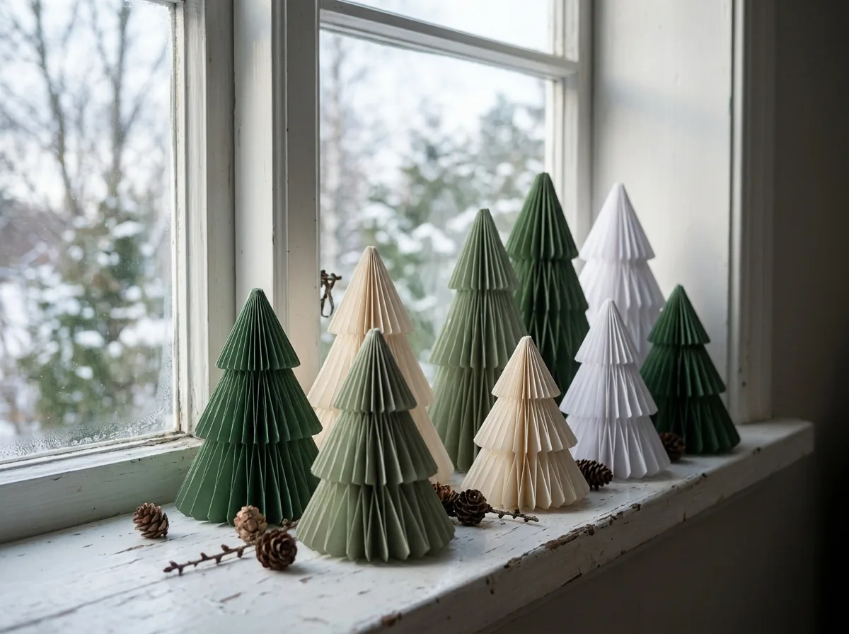 Paper Christmas trees on a windowsill