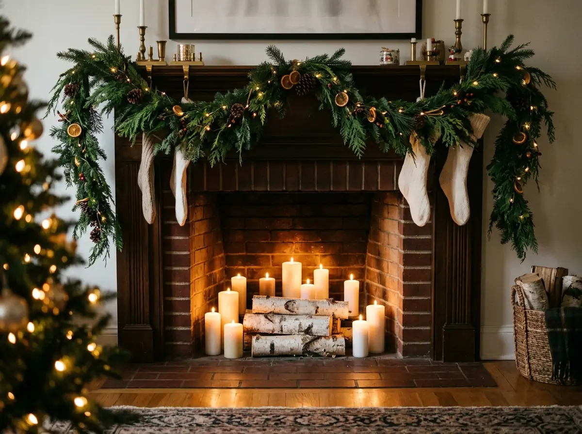 Candles inside a non-working fireplace