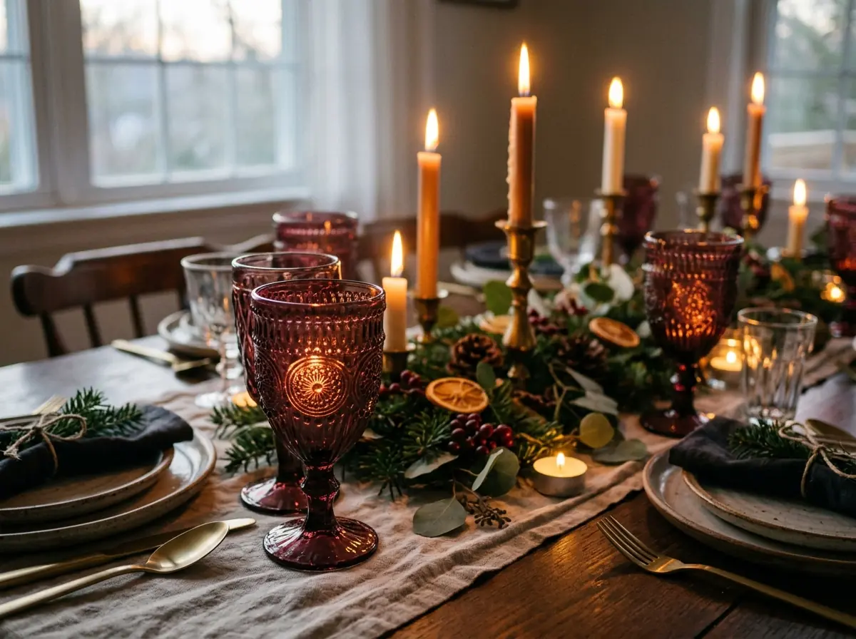 Burgundy glass goblets on a festive table