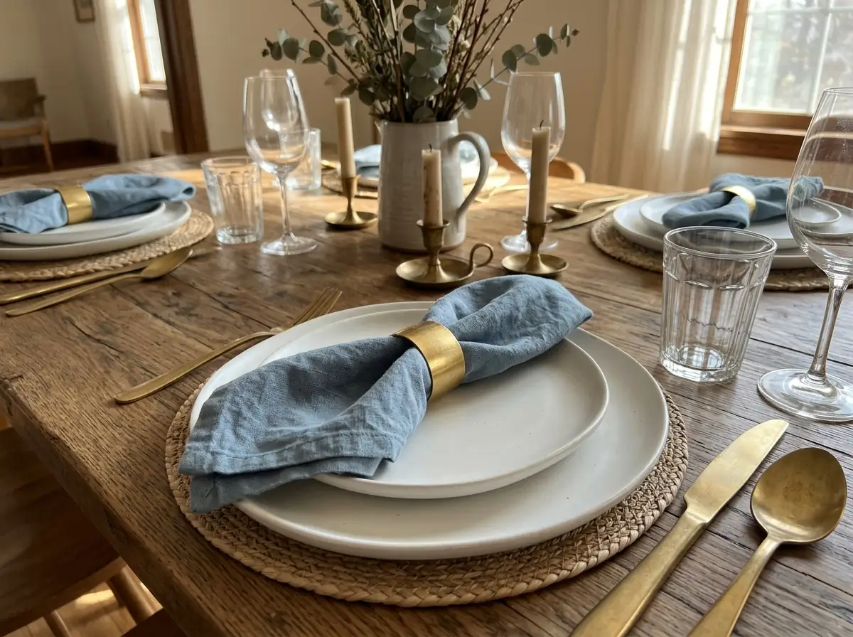 Dusty blue napkins with gold napkin rings
