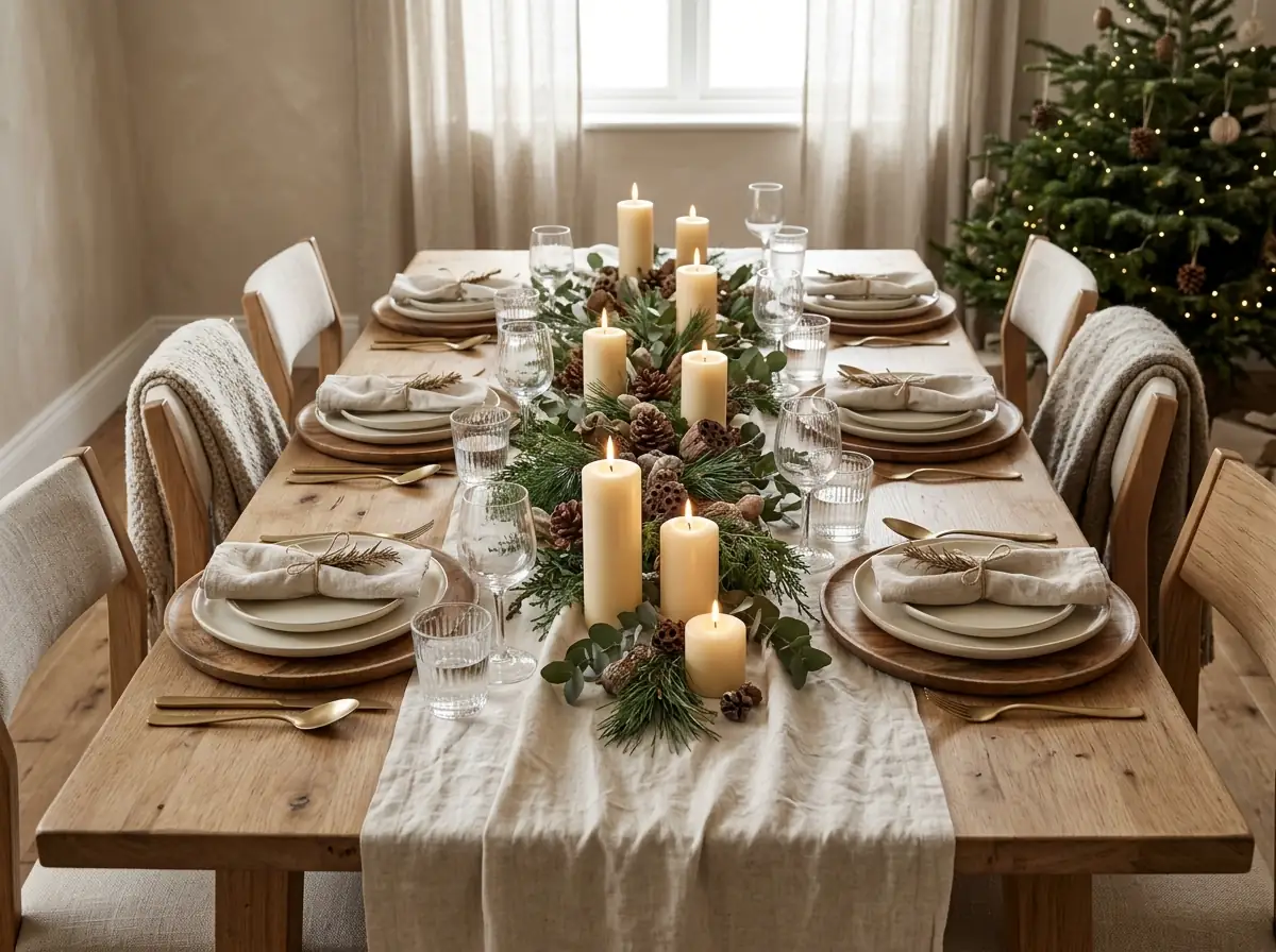 Neutral Christmas table with linen runner and beeswax candles