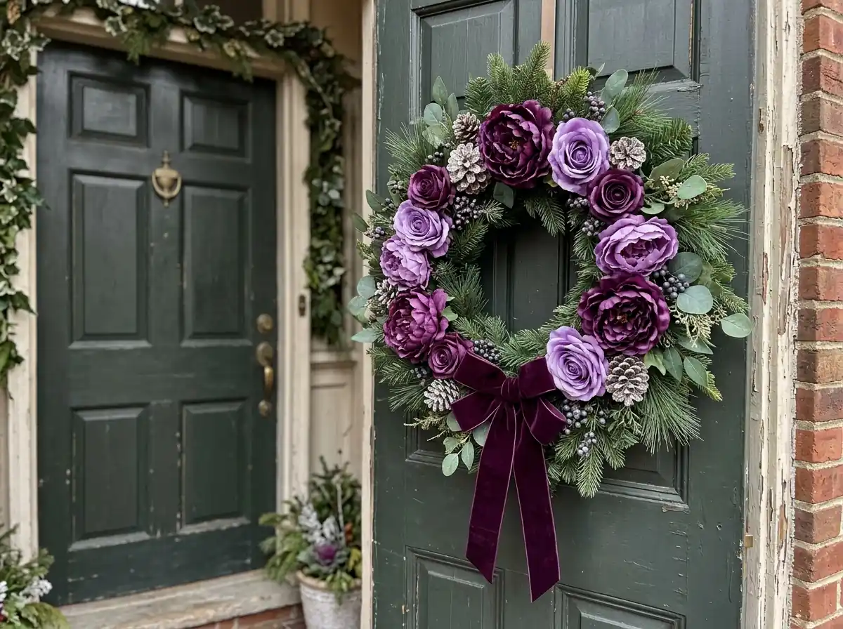 Purple silk flower Christmas wreath
