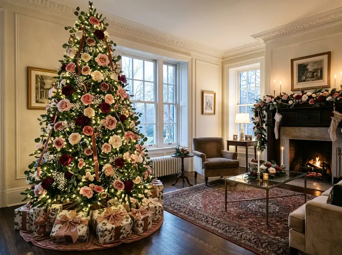 Christmas tree decorated with silk flowers