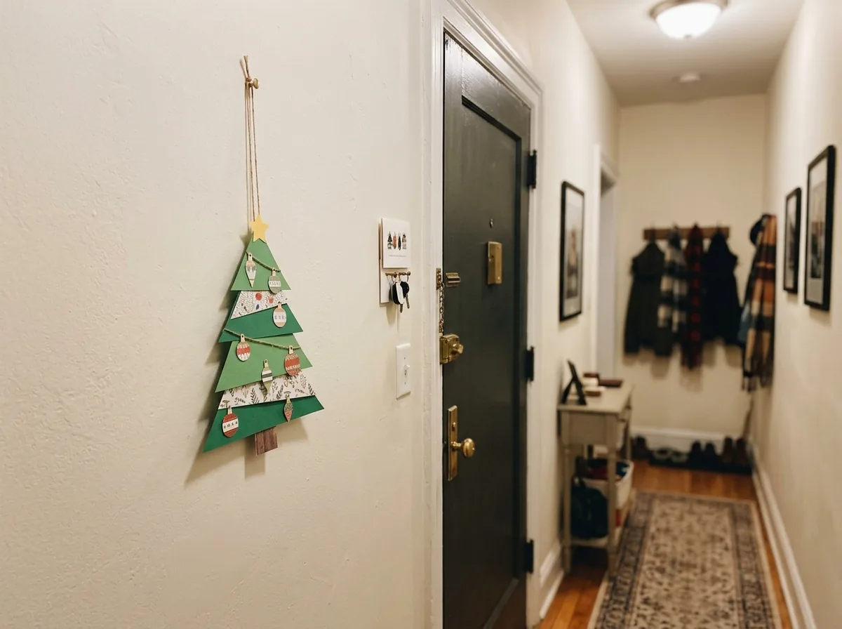 Flat paper Christmas tree on a hallway wall