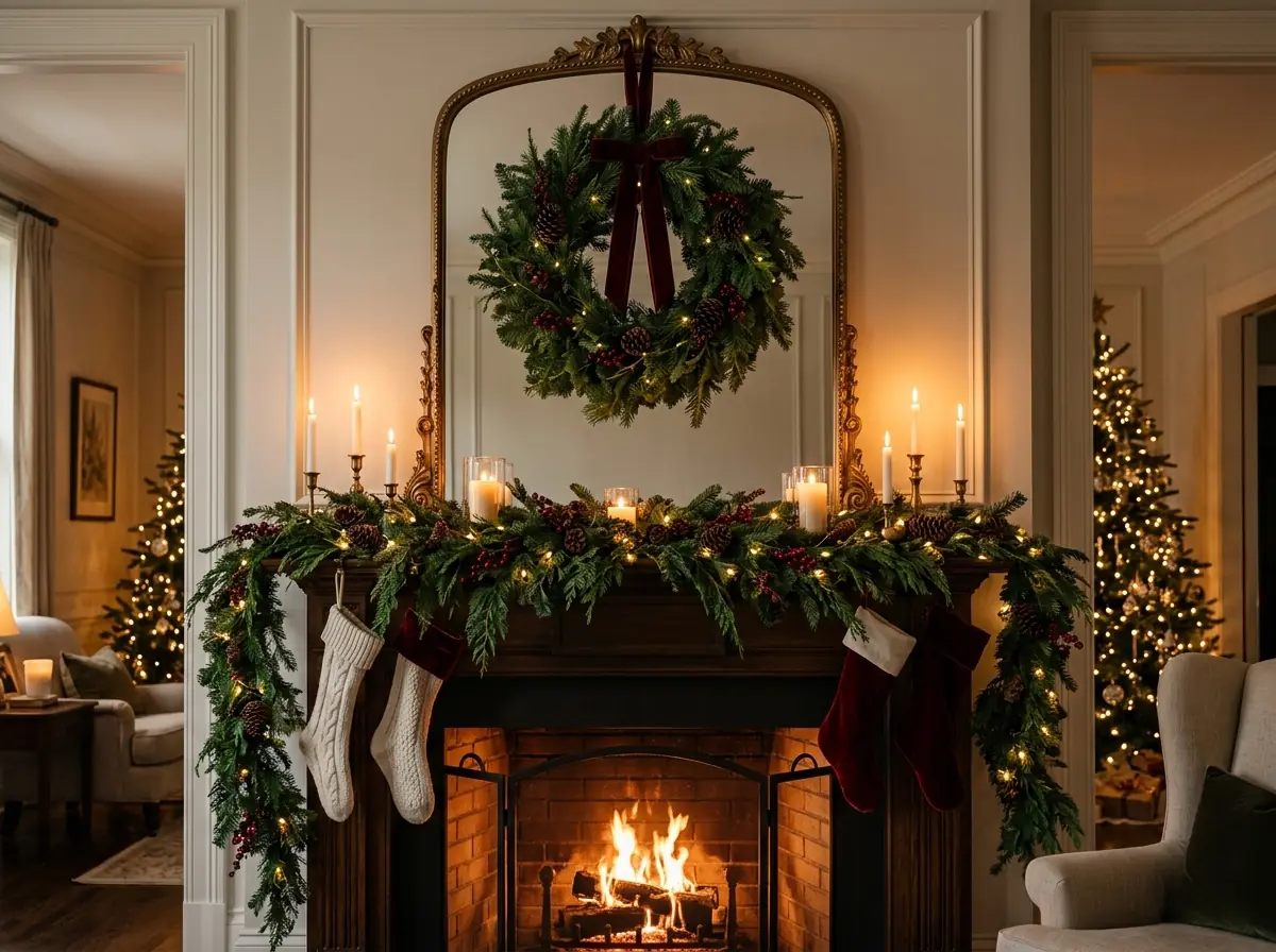 Wreath hanging over a mirror above a mantel