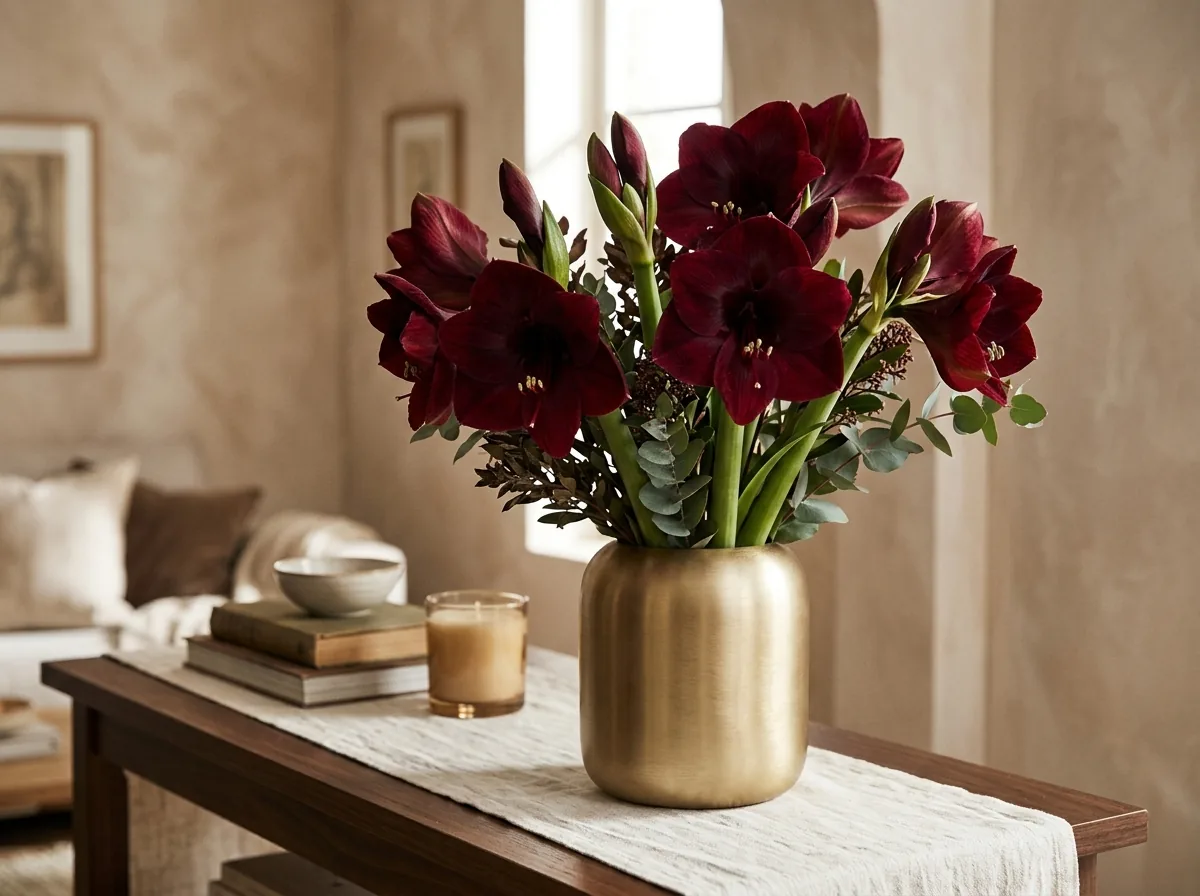 Burgundy amaryllis flowers in a gold vase