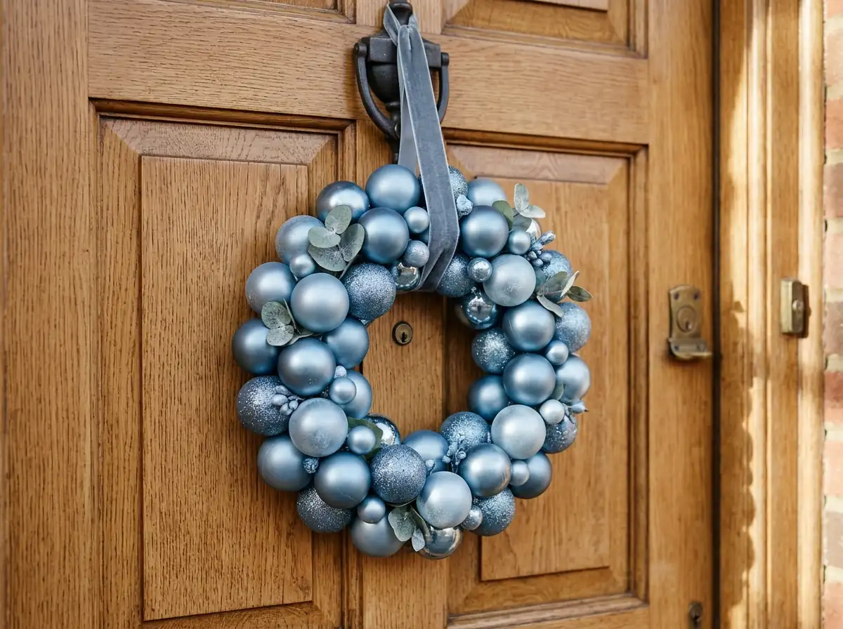 Blue bauble wreath on a door