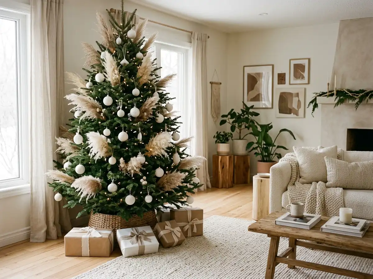 Dried pampas grass in a Christmas tree