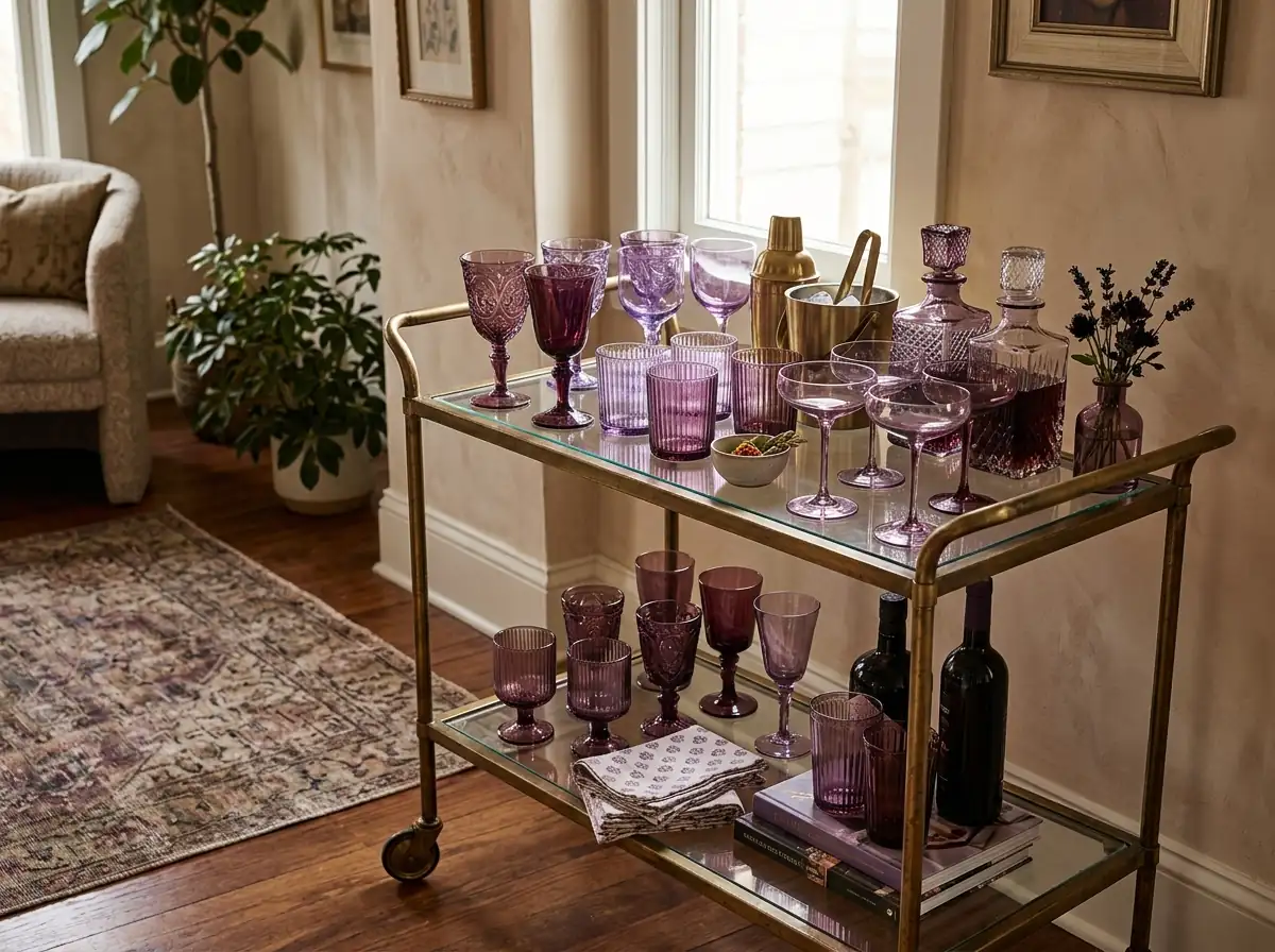 Purple glassware on a drinks trolley
