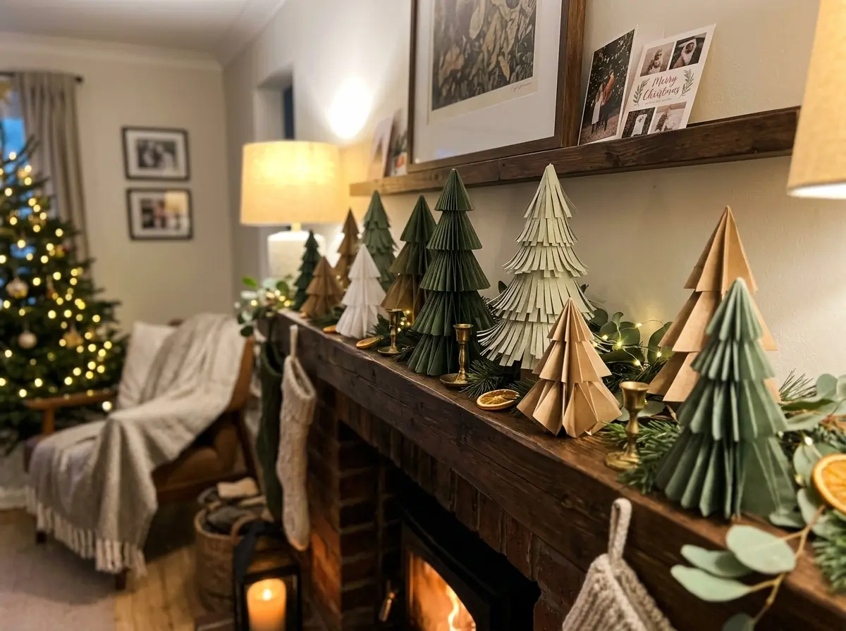 Small paper Christmas trees on a mantel