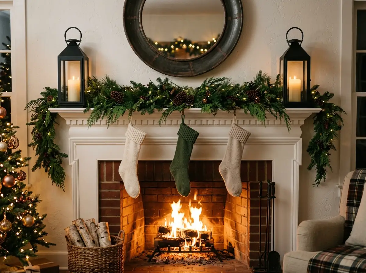 Lanterns on a Christmas mantel