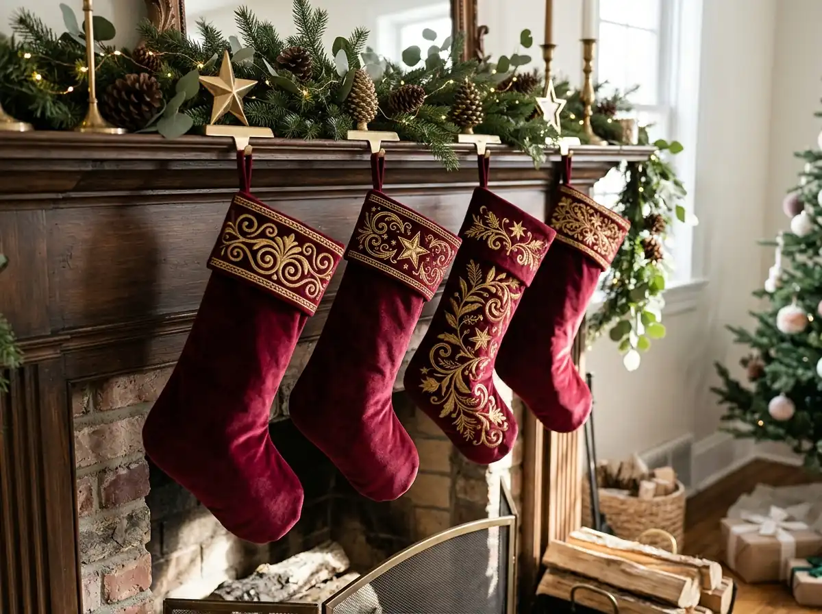 Burgundy velvet stockings with gold embroidery