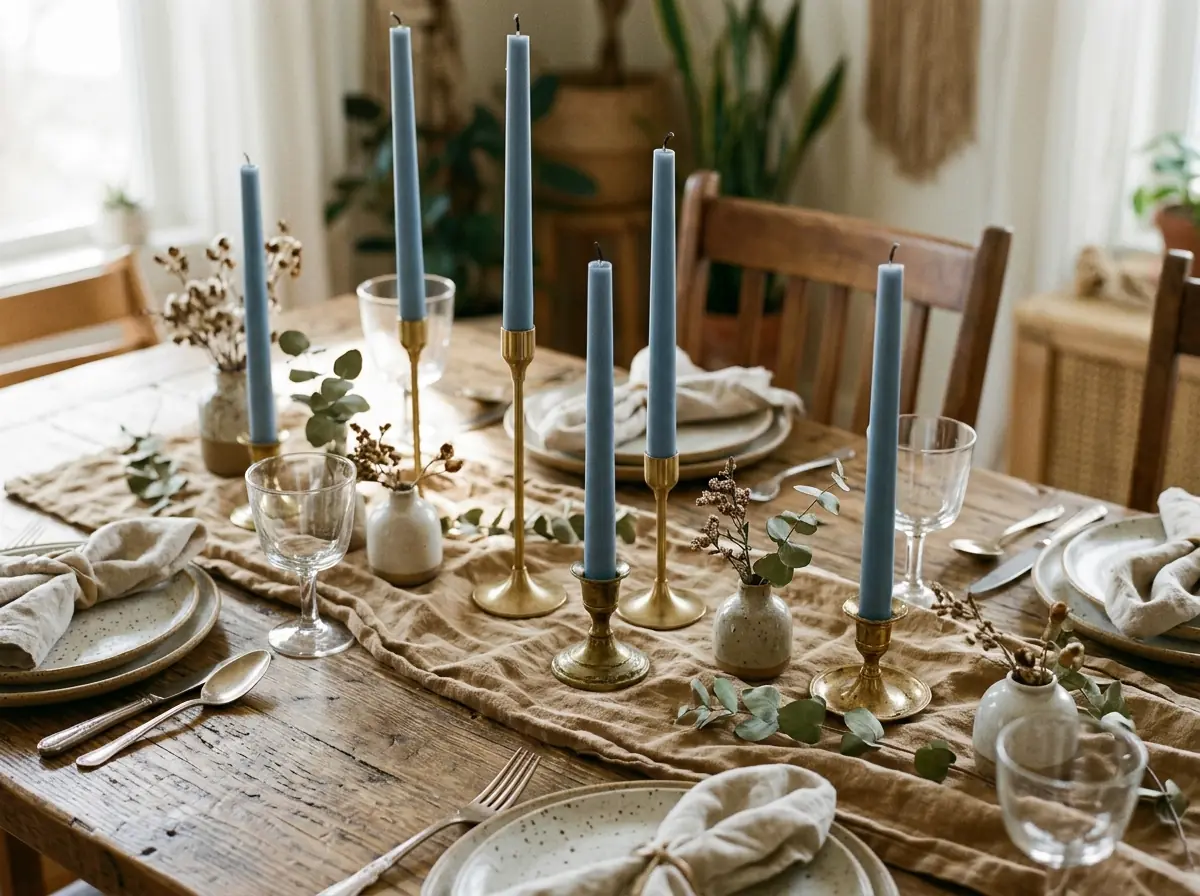 Blue taper candles in gold holders
