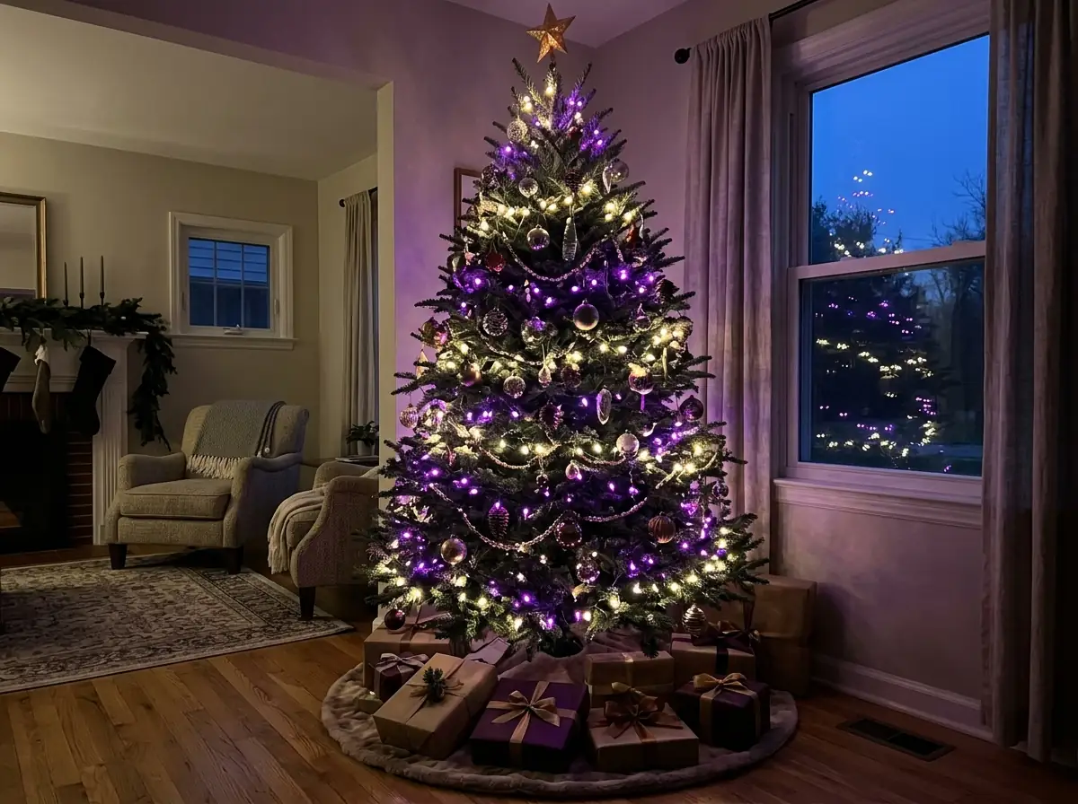Christmas tree with purple and warm white lights