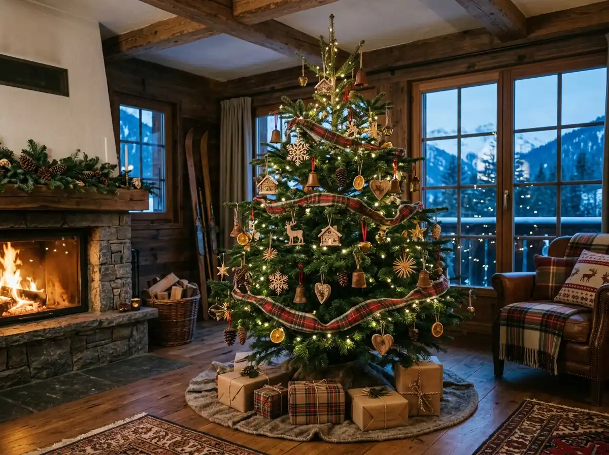 Alpine chalet Christmas tree with wooden ornaments