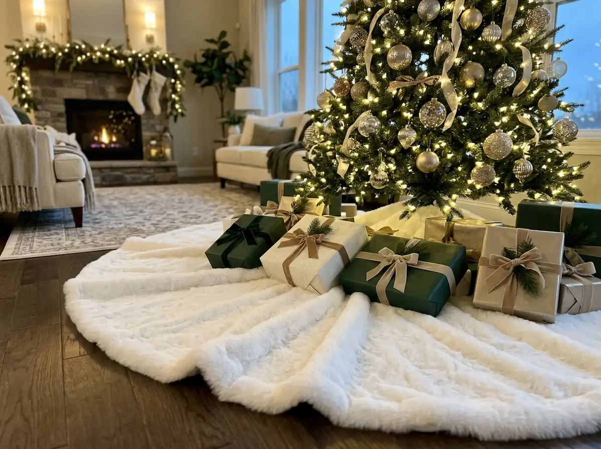 White faux fur Christmas tree skirt