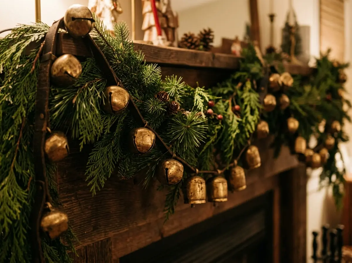 Brass sleigh bells draped on a mantel