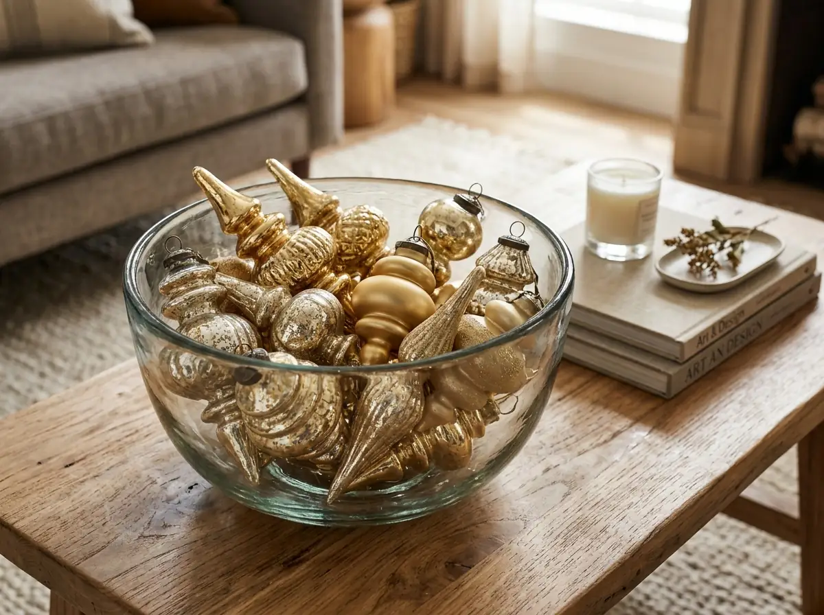 Gold finial ornaments in a glass bowl