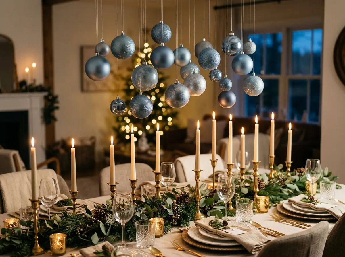 Dusty blue baubles hanging above a dining table