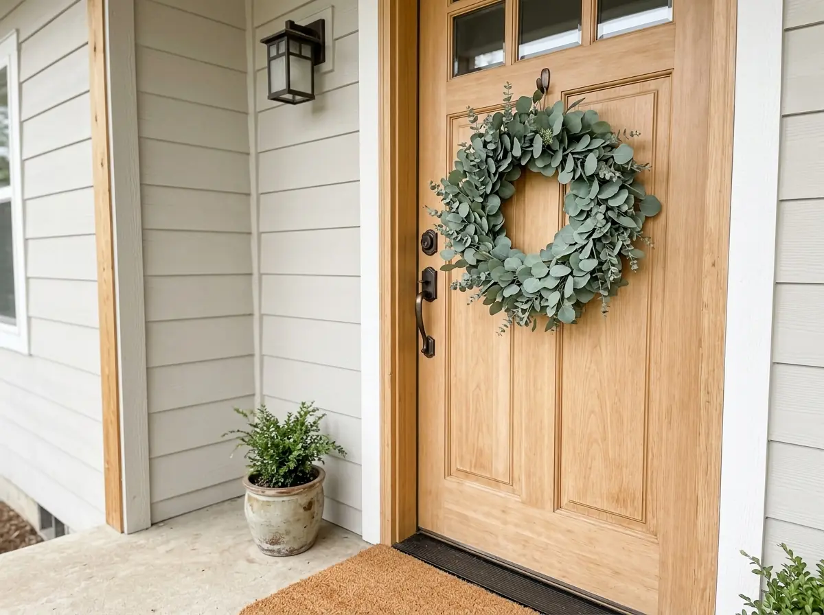 Plain eucalyptus wreath on a door