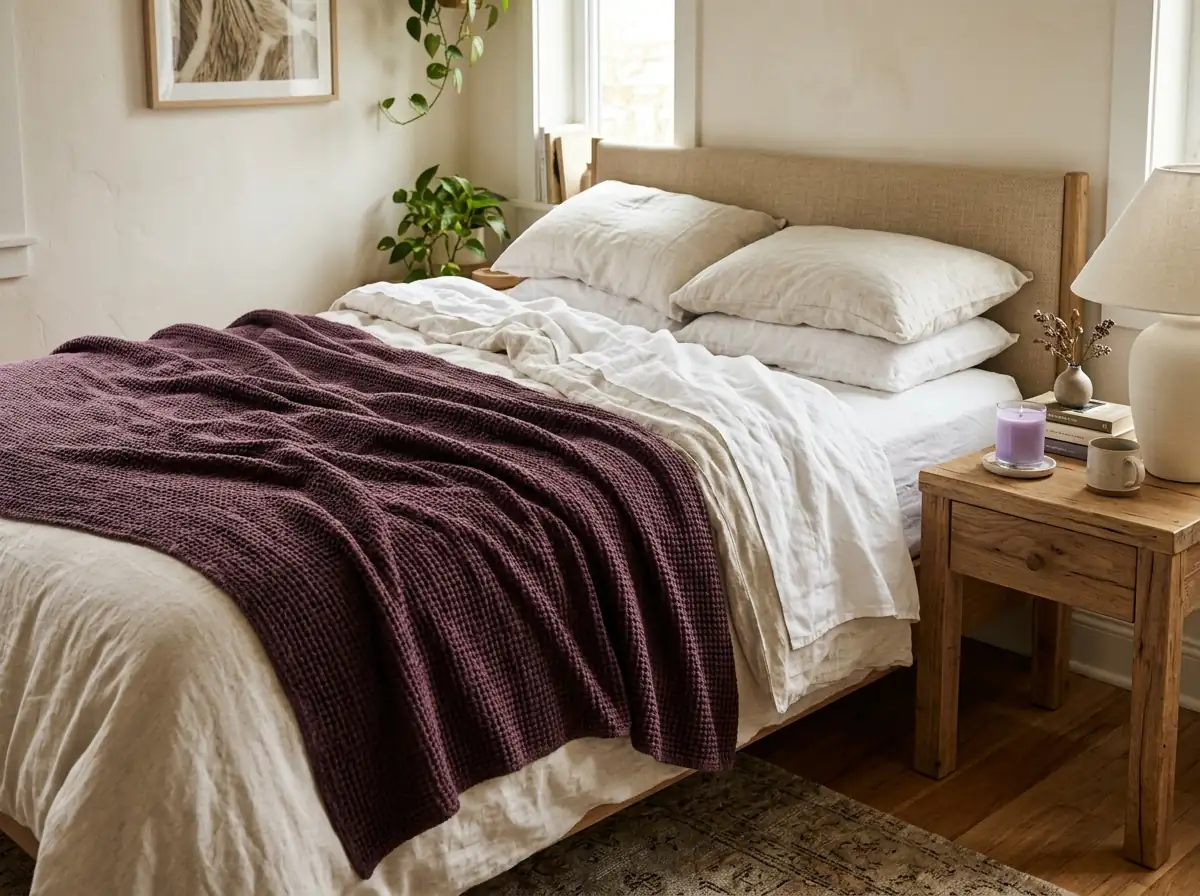 Plum throw on a bed with a lavender candle