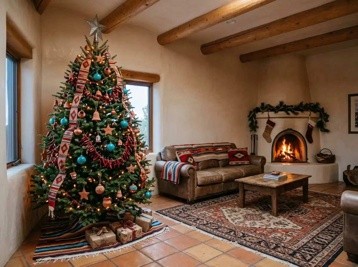 Southwest Christmas tree with terracotta and turquoise ornaments