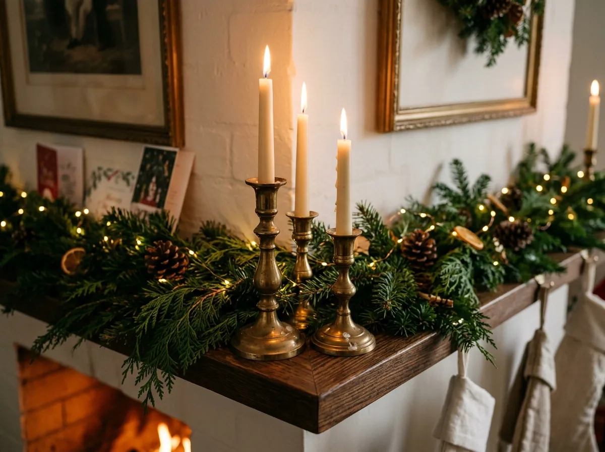 Brass candlesticks on a Christmas mantel