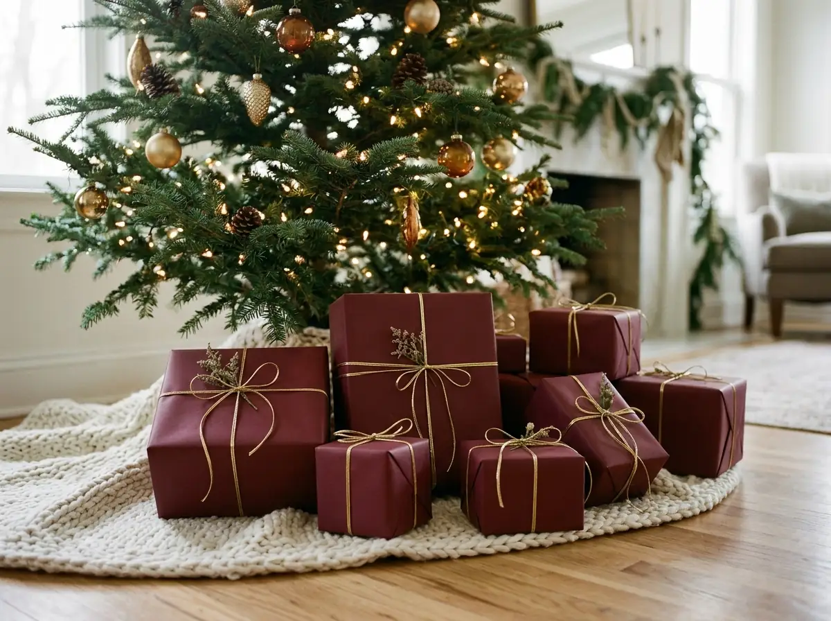 Burgundy and gold wrapped gifts under a Christmas tree