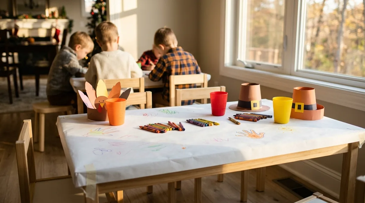 Kids Thanksgiving table covered in draw-on paper with crayons and paper hats at every seat
