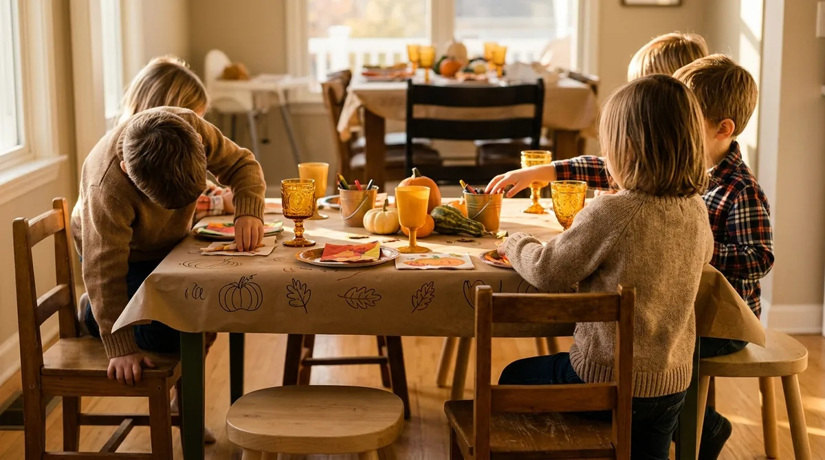 Children helping to set their own Thanksgiving table with napkins and cups