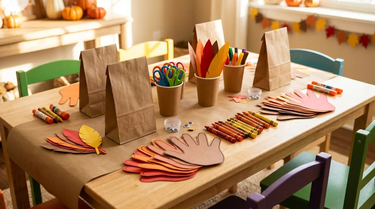 Turkey craft kits in cups waiting at each seat on a kids Thanksgiving table
