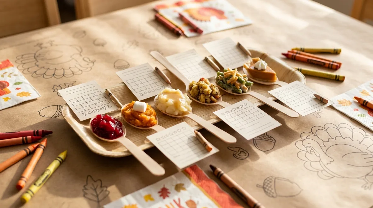 Tiny tasting spoons with Thanksgiving flavours ready for a kids tasting game