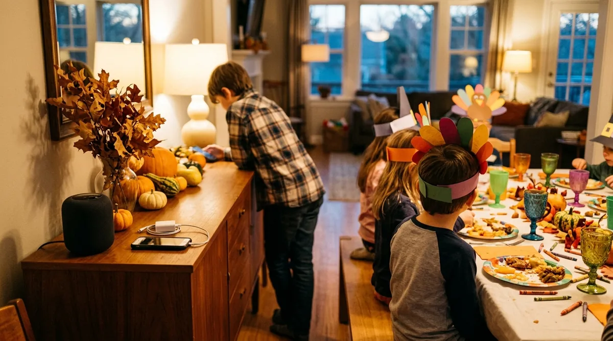 An older child acting as DJ with a small speaker beside the kids Thanksgiving table