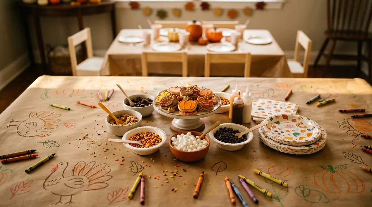 Mini dessert station with cookies and toppings set up for kids at Thanksgiving