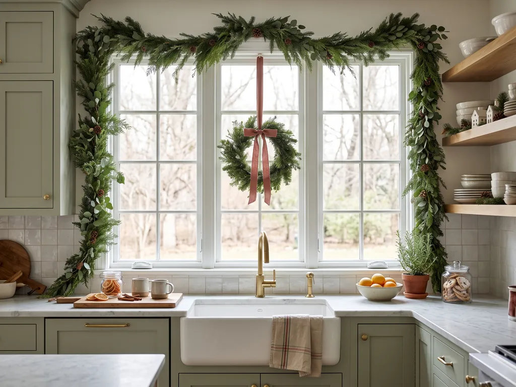 Kitchen with garland framing the window and a wreath