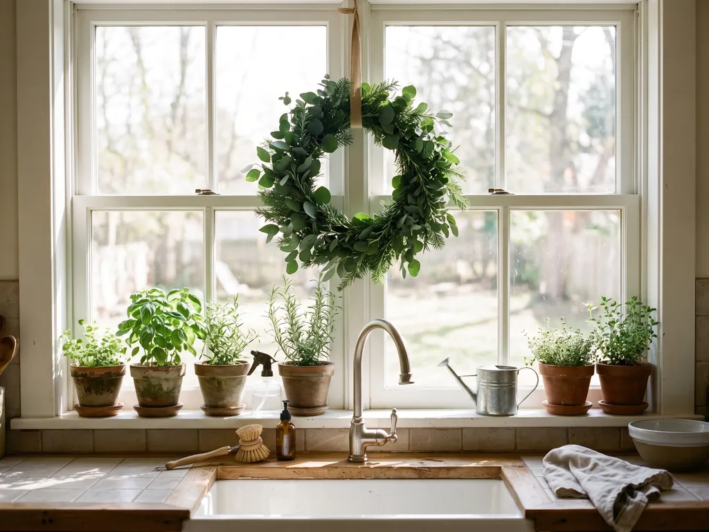 Wreath hanging on a window above a kitchen sink