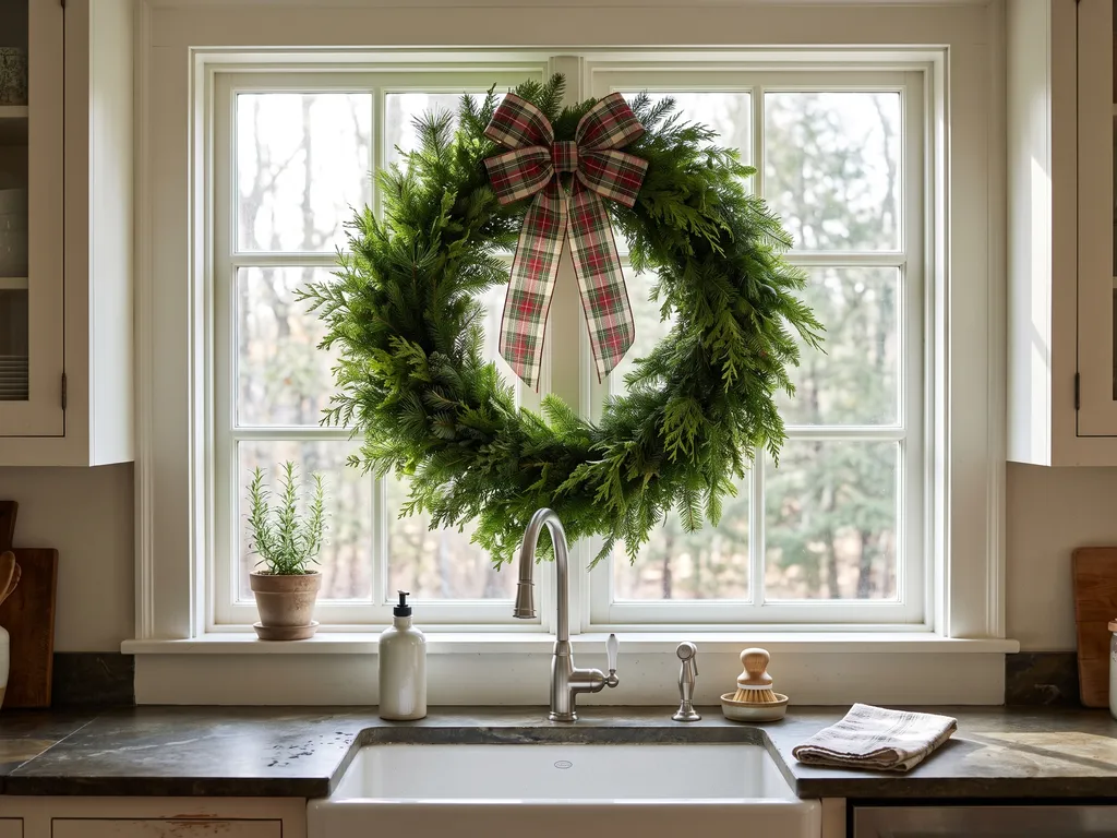 Large wreath with a plaid bow on a kitchen window