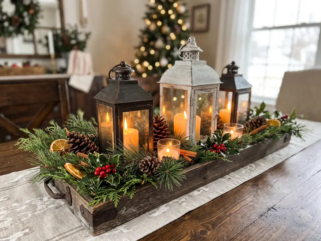 Lanterns on a wooden tray with greenery as a table centerpiece