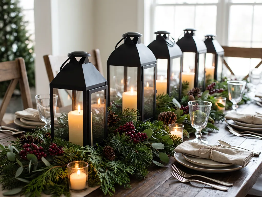 Black lanterns standing on a Christmas greenery runner