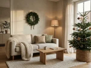 Cozy minimalist living room with a Christmas tree