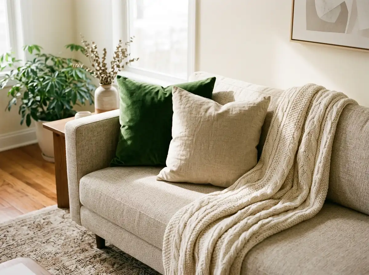 Velvet and linen cushions on a sofa