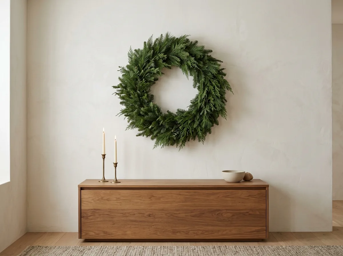 Single large green wreath on a wall