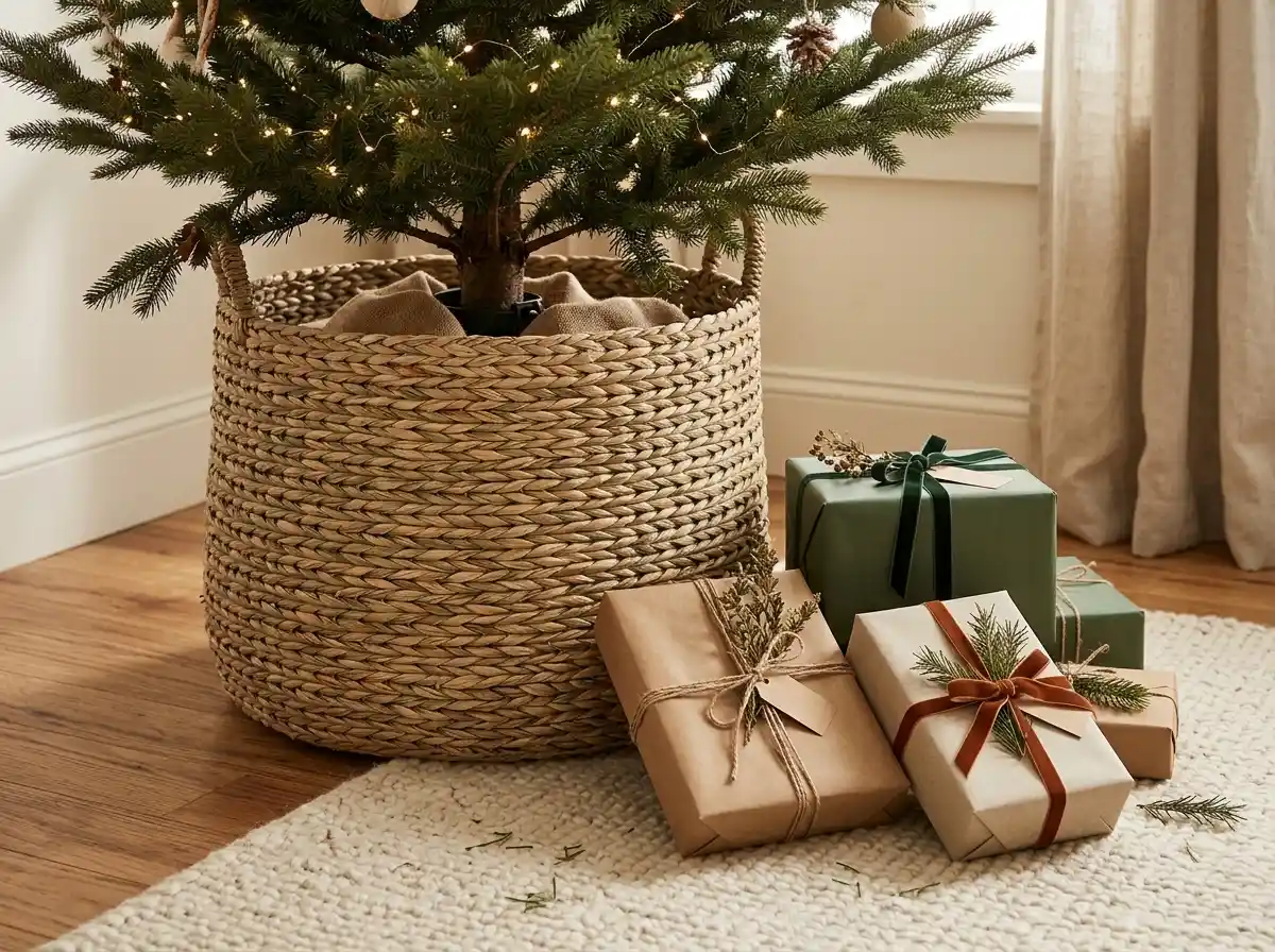 Christmas tree base inside a woven basket