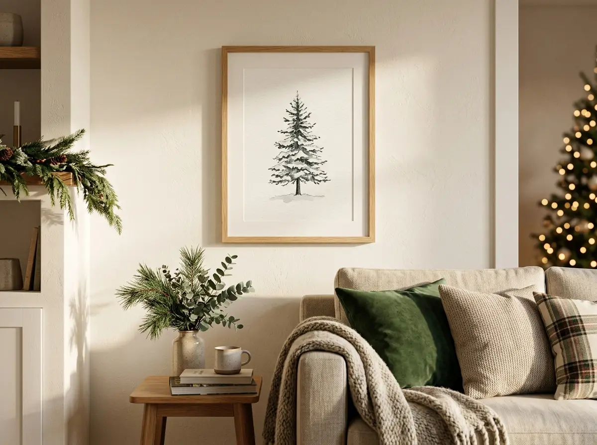 Framed Christmas print hanging on a wall