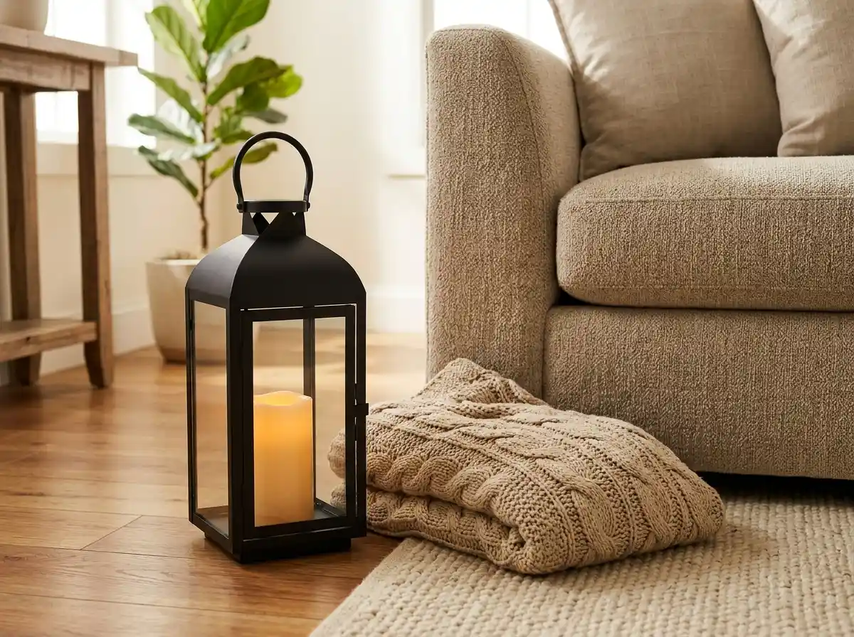 Lantern with a glowing candle beside a sofa