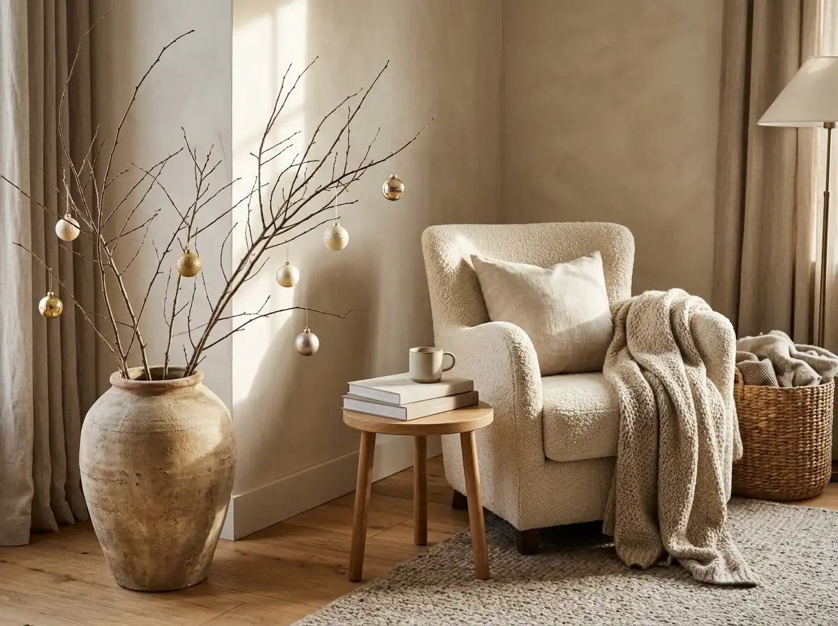 Tall branches with baubles in a floor vase